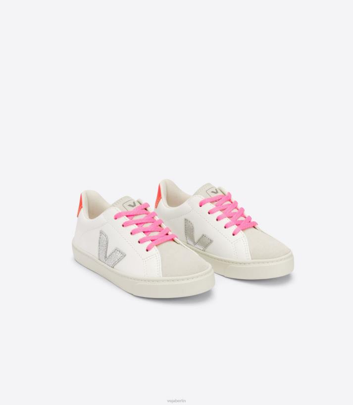 Veja 46FB335 Esplar-Schnürsenkel, chromfreies Leder, Weiß, Silber, Orange, Fluo